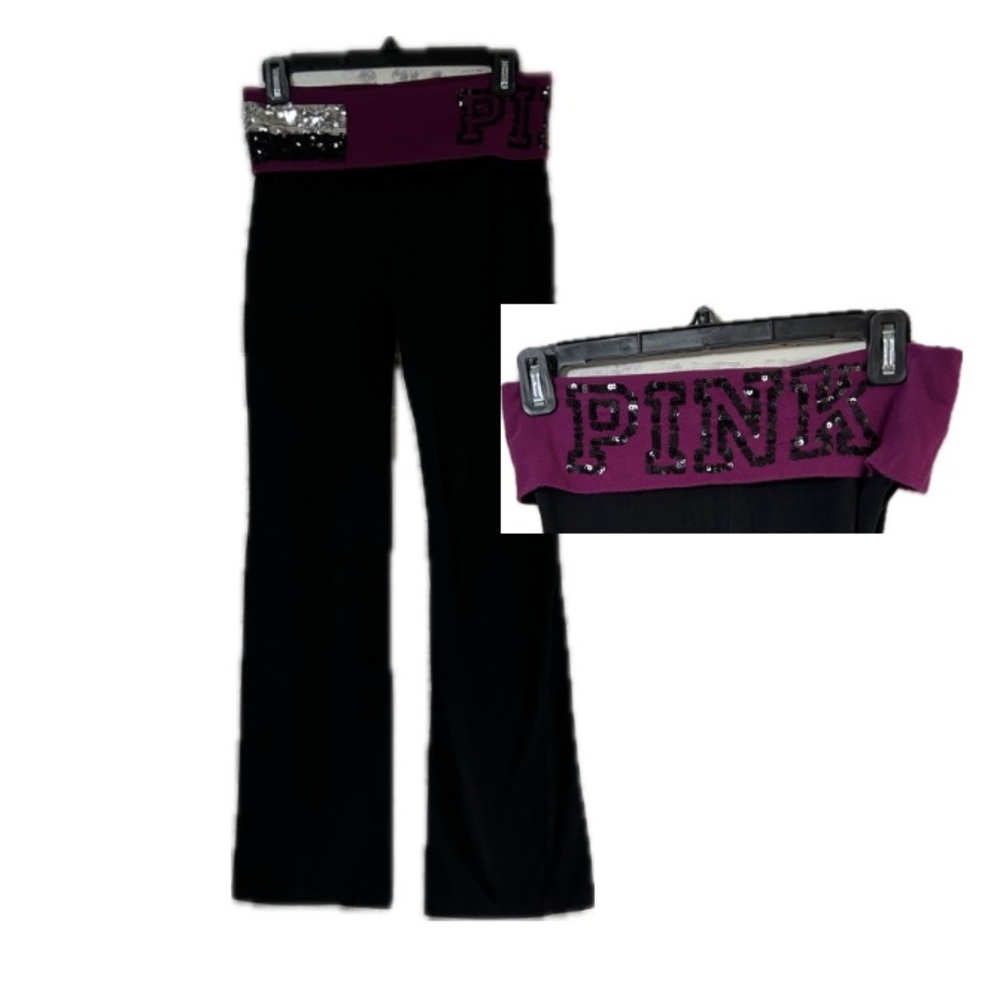 Y2K Pink Victorias Secret Size Small Fold Over Purple Flare Yoga Pants Sequins